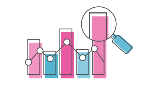 Icon: bar chart with magnifying glass over the 5th of 5 bars