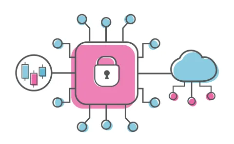 Icon: small bar chart in circle connected by line to a lock in a square connected by line to a cloud. The lock and cloud have small circles connected by lines. 